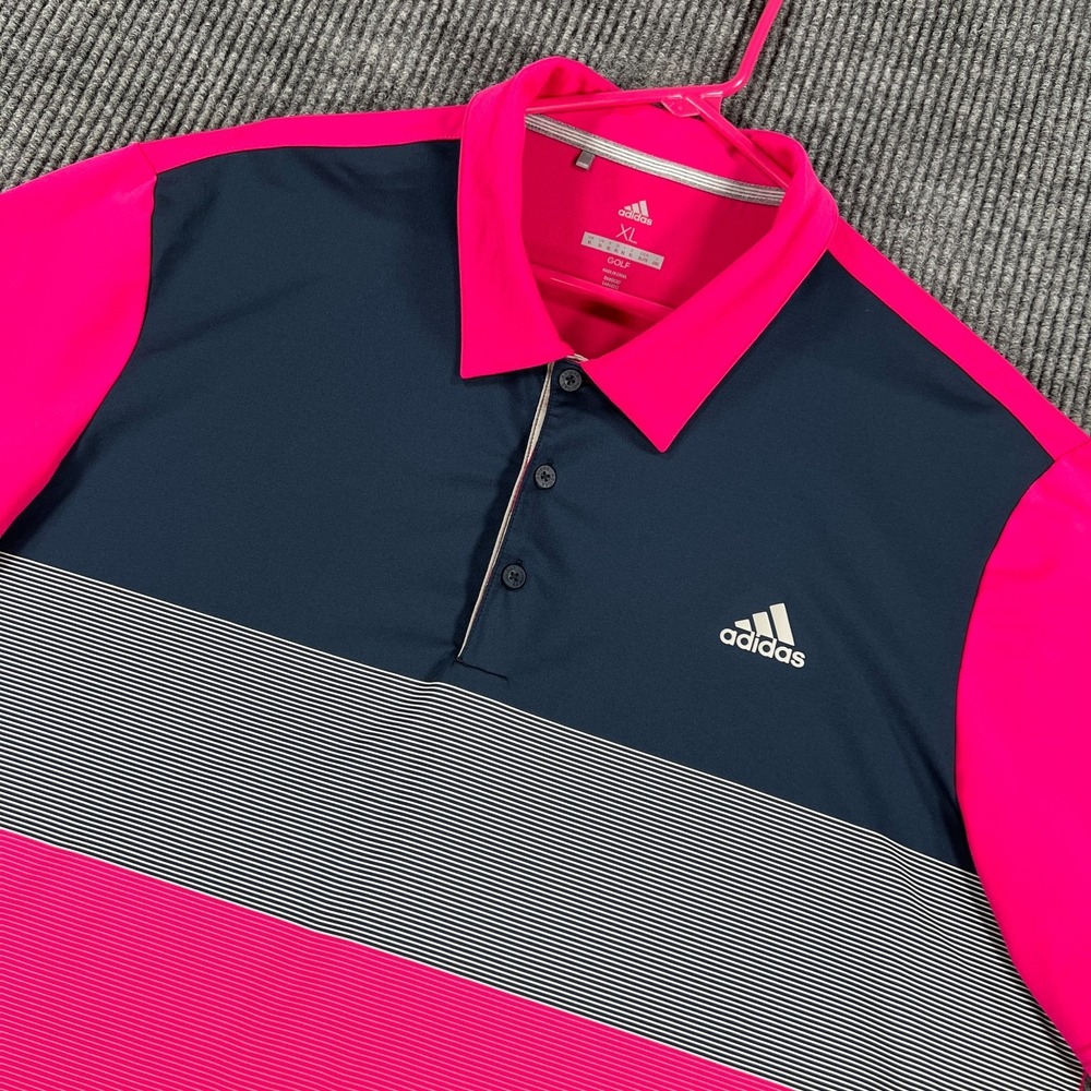 Adidas Golf Polo Shirt Mens XL Extra Large Pink Blue Short Sleeve Casual Outdoor
